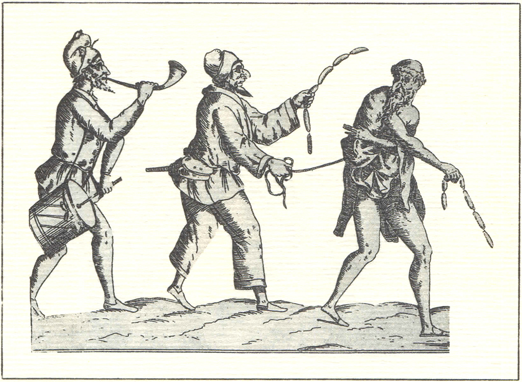 Trois Zanni. Illustration de commedia dell'arte datant entre le 16ème et le 17ème siècle, tirée du recueil Fossard.