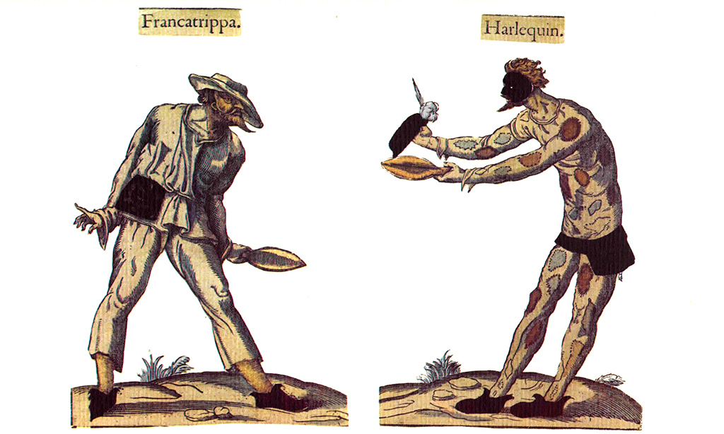 Personnages de Francatrippa (probablement un Zanni) et Arlequin. Illustration de commedia dell'arte datant entre le 16ème et le 17ème siècle, tirées du recueil Fossard
