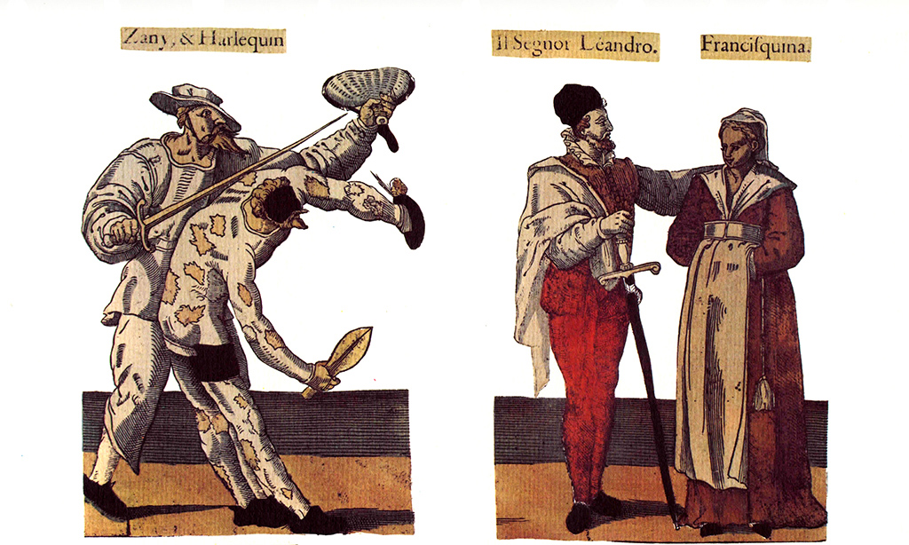 Personnages de Zanni et Arlequin, Léandre et Francesquina. Illustration de commedia dell'arte datant entre le 16ème et le 17ème siècle, tirées du recueil Fossard
