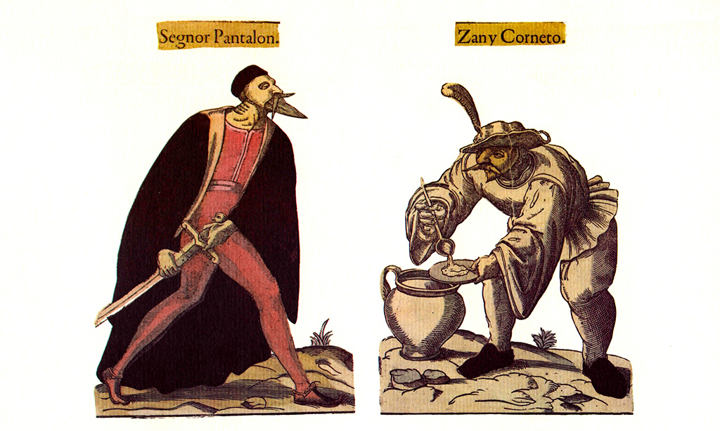 Personnages de Pantalone et Zanni. Illustration de commedia dell'arte datant entre le 16ème et le 17ème siècle, tirées du recueil Fossard